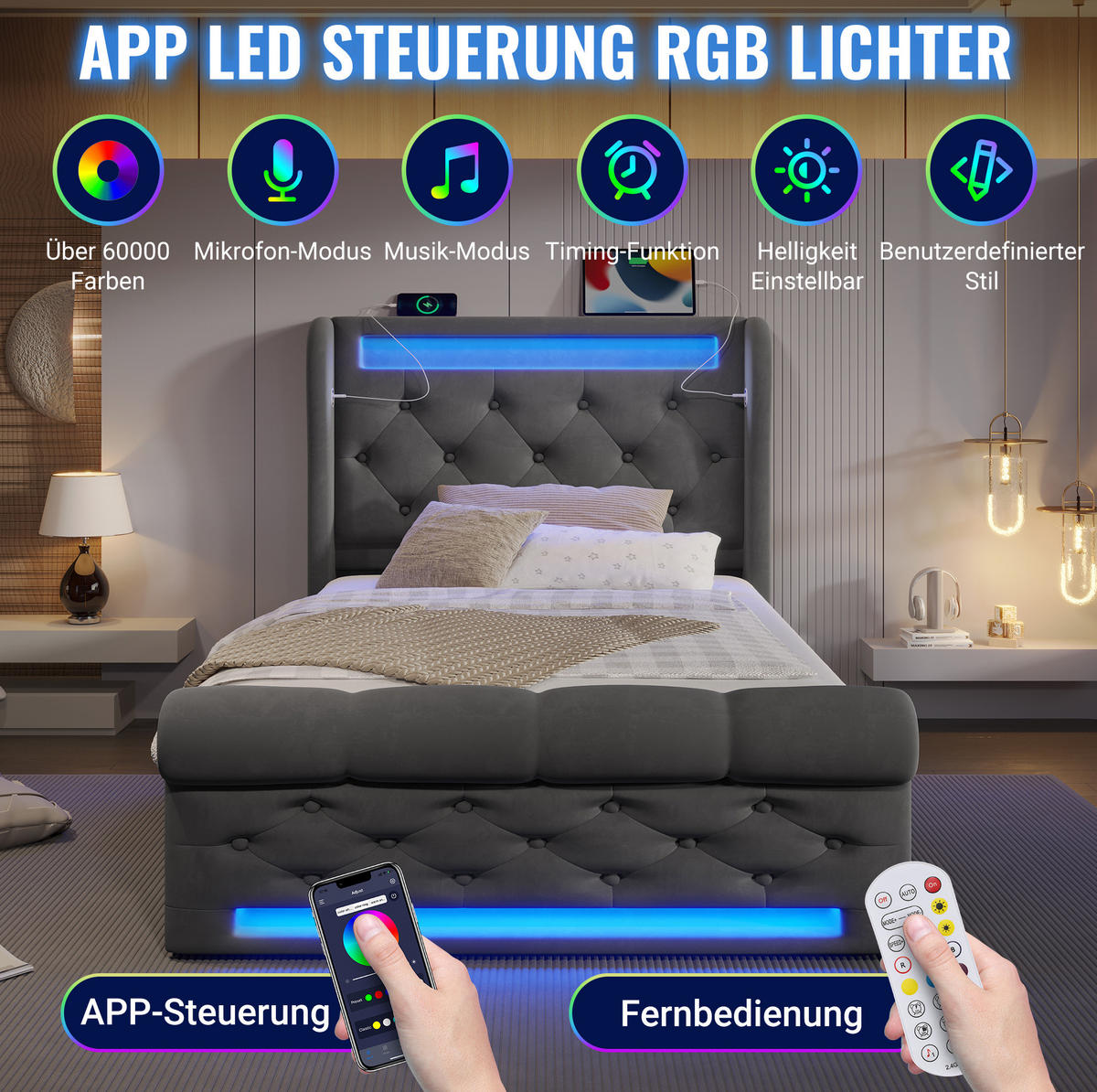 POLSTERBETT 90/200 cm Grau aus Samt mit LED und Stauraum - Grau, Textil (90/200cm) - OKMYHOME