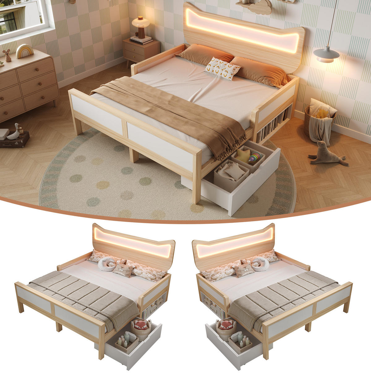 KINDERBETT 140/200 cm Weiß/Eiche mit RGB-LED, Katzenkopfteil, Schublade, Staufach und Schutzgitter - Naturfarben, Holz (140/200cm) - OKMYHOME