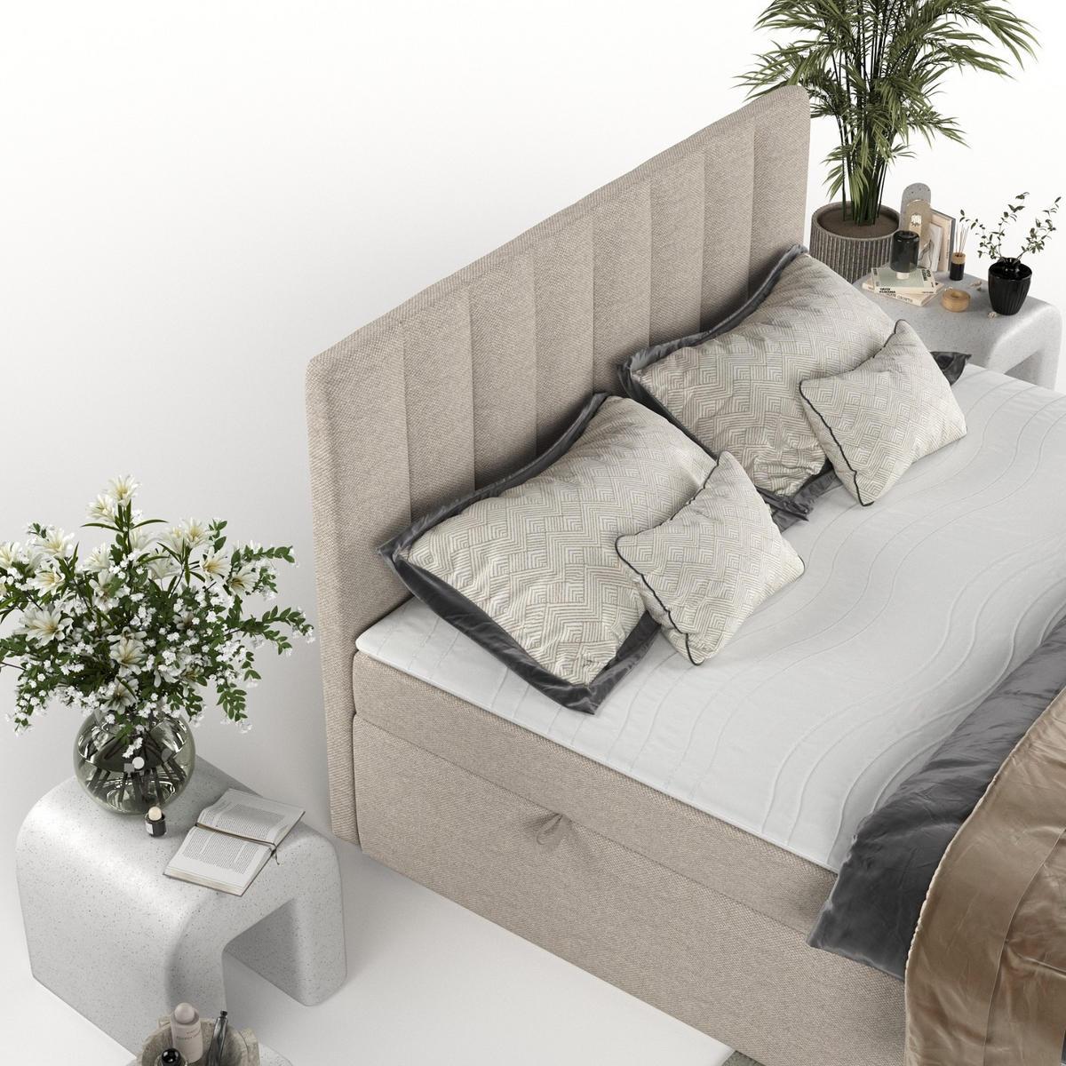 BOXBETT Amaro 140/200 cm Hellbeige im Megan Stoff - Sandfarben/Schwarz, Holz/Holzwerkstoff (140/200cm) - AltaBeds