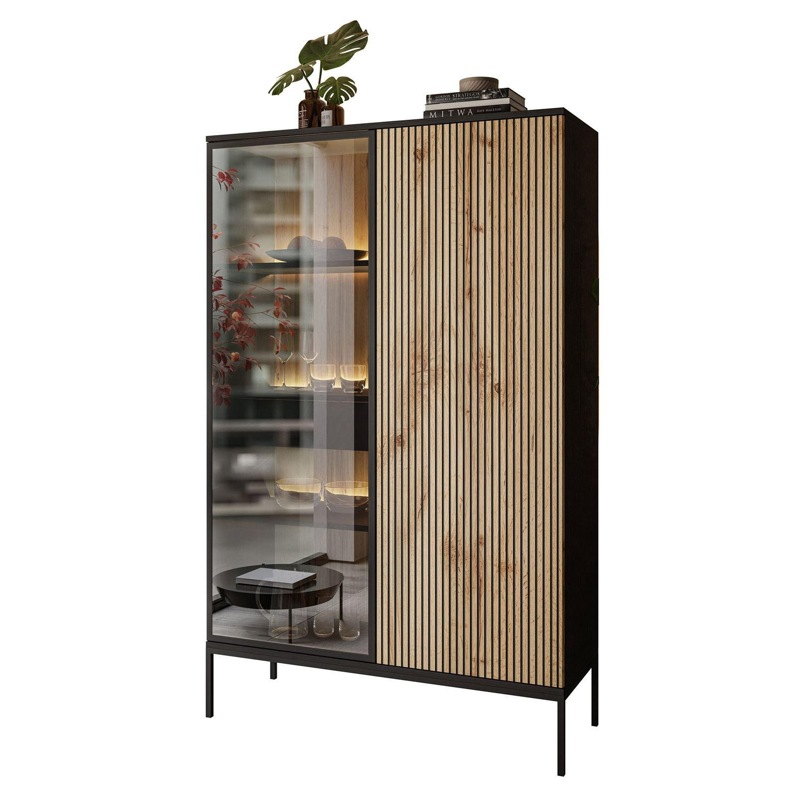 HOHE Vitrine ECLIPSE WTSZ104 mit Beleuchtung,Schwarz Eiche Wotan - Eiche Wotan, Holzwerkstoff (104/166/39cm) - Lookway