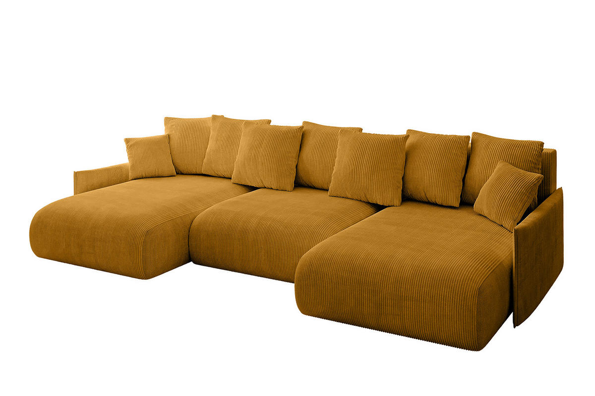 WOHNLANDSCHAFT mit Schlaffunktion und Bettkasten ONESK-U-v1 304x165x40 Senfgelb Cord - Currygelb, Holzwerkstoff/Kunststoff (304/90/165cm) - ALTDECOR