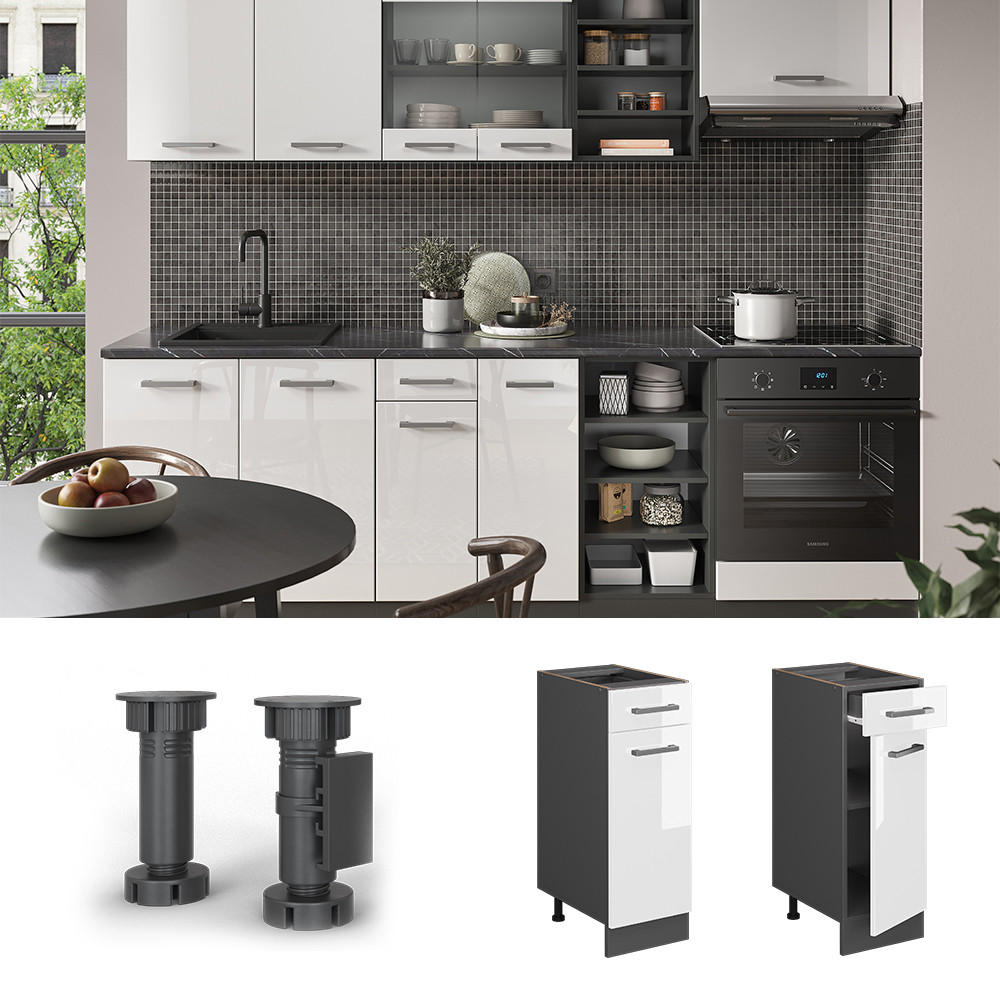 Thumbnail - Vicco Küchenunterschrank, Weiß Hochglanz, Anthrazit, Holzwerkstoff, 3 Fächer, 1 Schubladen, Rechteckig, 30x81.6x60 cm, K...