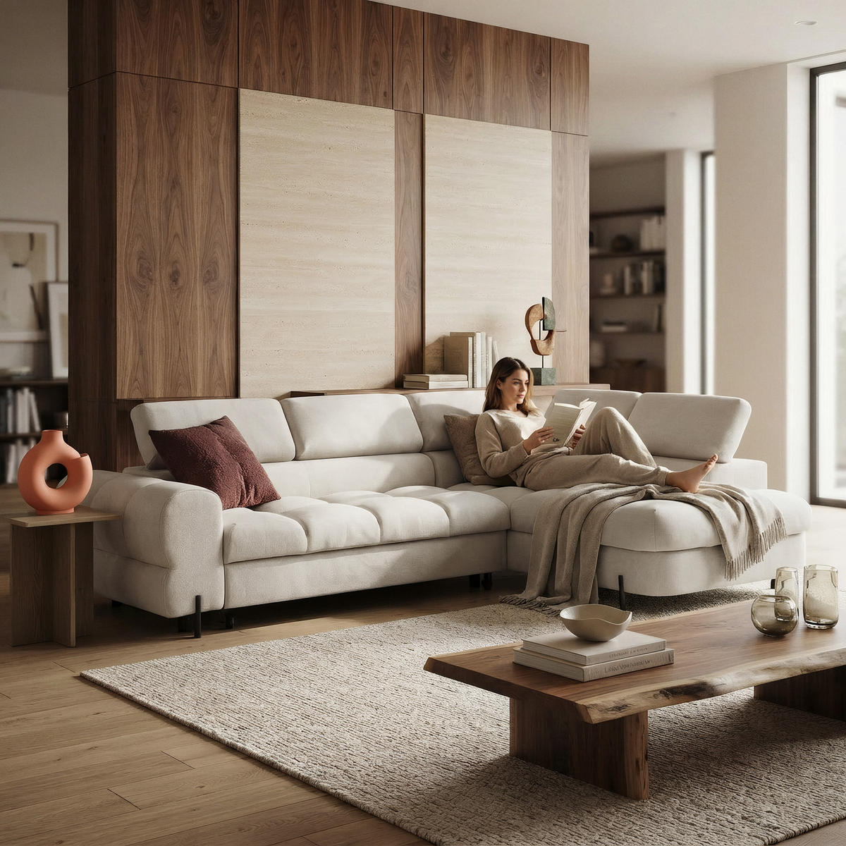 ECKSOFA BOWL L Rechts mit Schlaffunktion 125x195 Velours Creme - Creme/Schwarz, Holz/Textil (195/260cm) - Muffo