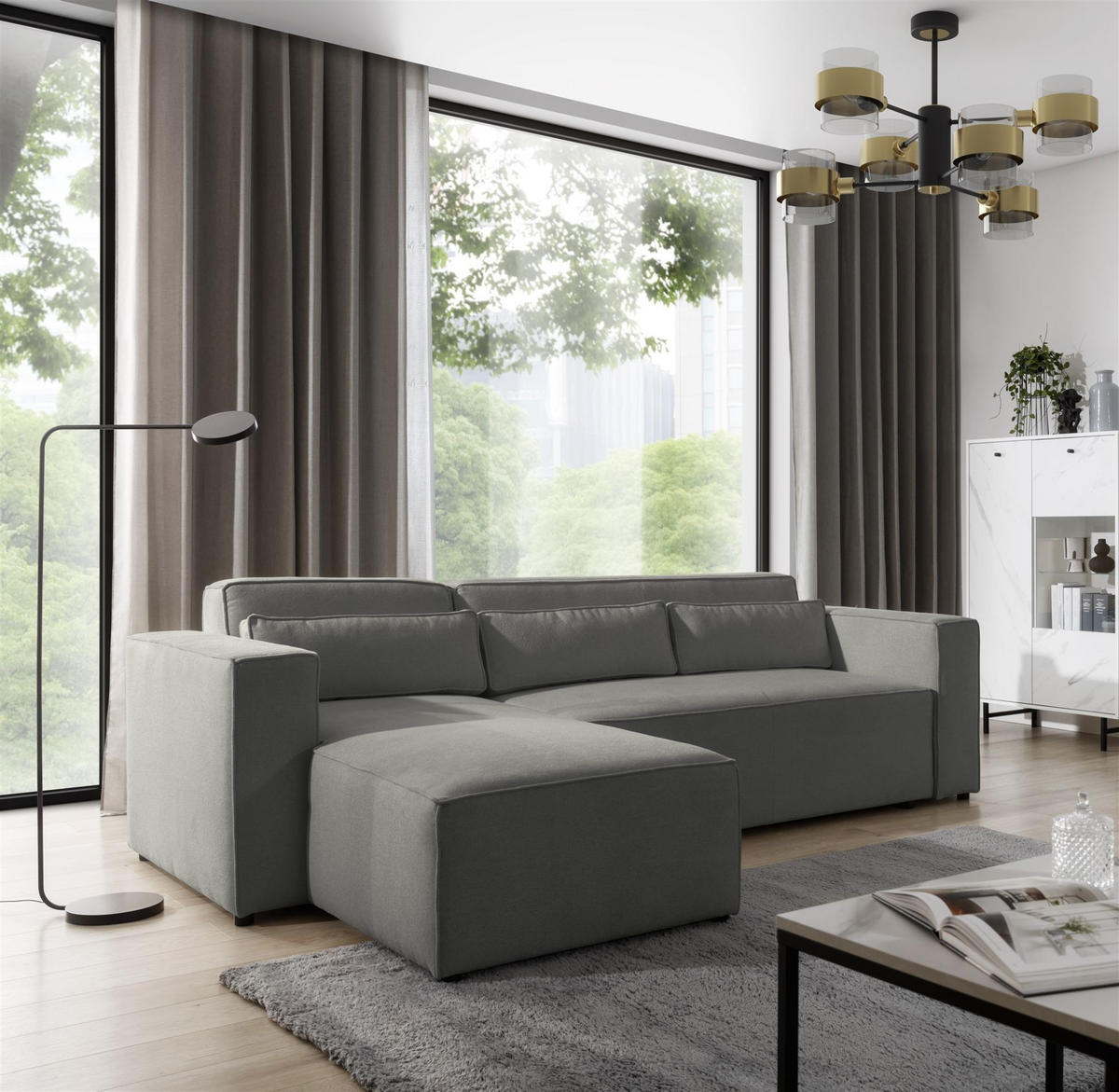 ECKSOFA Schlafsofa Waldo In Stoff Poso - Schieferfarben, Holzwerkstoff/Textil (260/173cm) - Fun Möbel