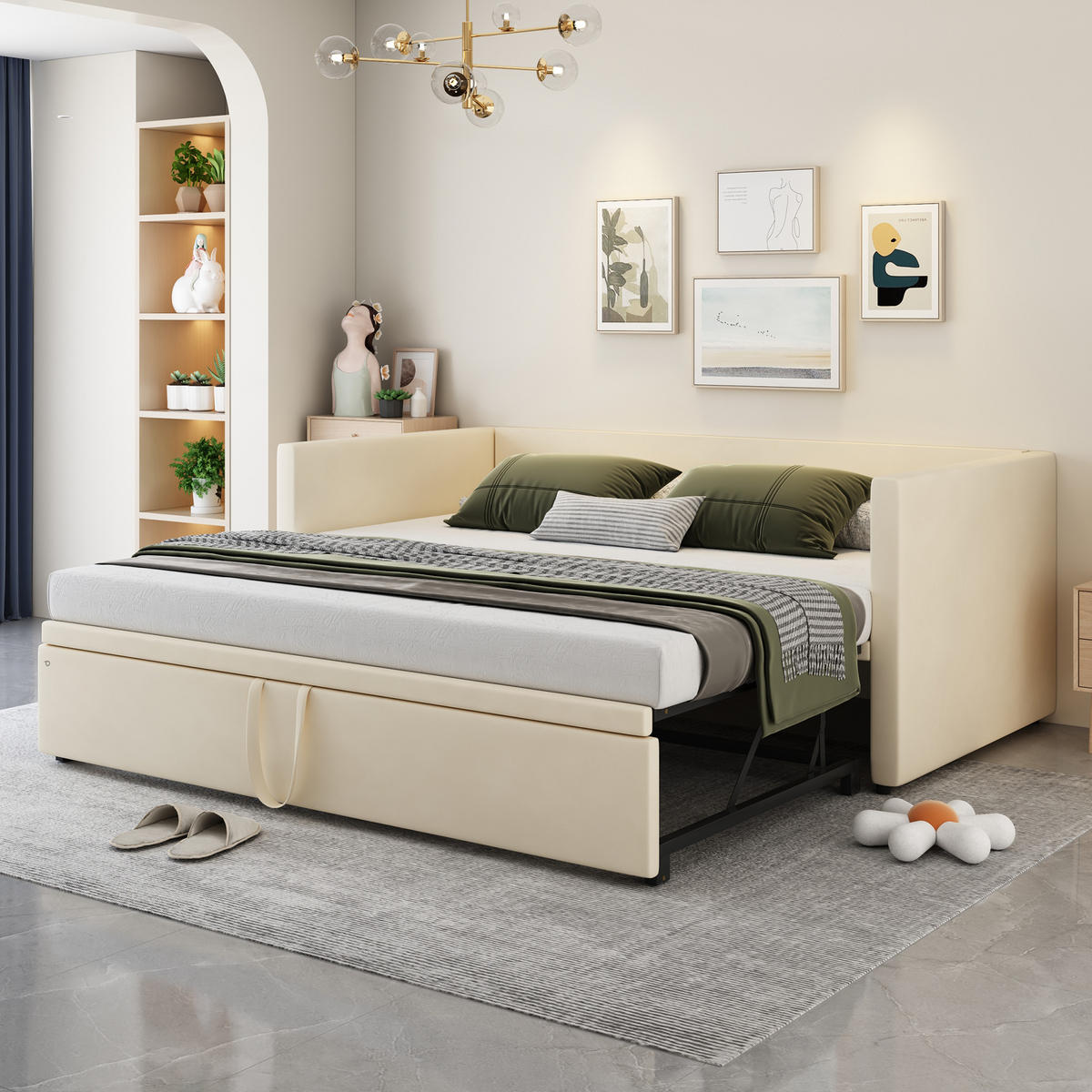 SCHLAFSOFA 90/200 cm & 90/200 cm in Beige Samt mit Ausziehfunktion und Lattenrost - Beige, Holzwerkstoff/Textil (90/200cm) - WISHDOR