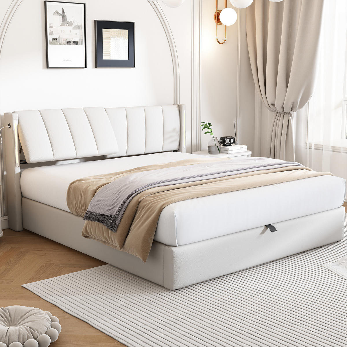 BETT mit Stauraum und LED 160x200 cm PU Weiß - Weiß, Metall (160/200cm) - Meubliv