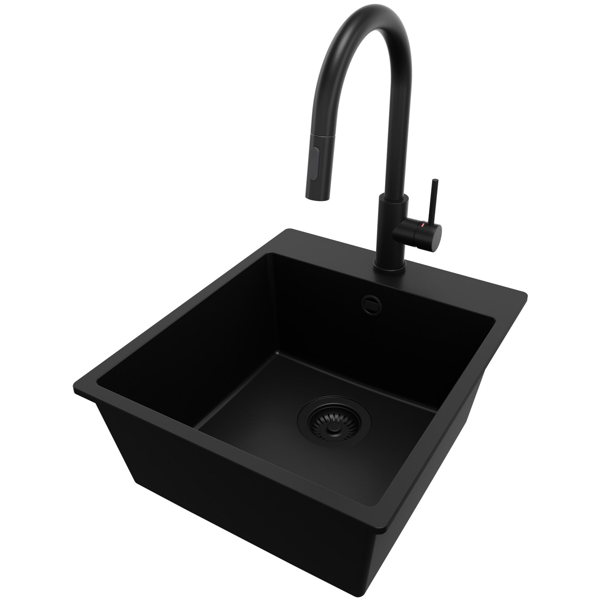 GRANITSPÜLE Riga, 2-er set Alles Schwarz 43/50 cm 1 Becken + Küchenarmatur 40/20 cm + Ablauf-Set ab 45er Unterschrank - Schwarz, Kunststoff (43/20/50cm) - Primagran