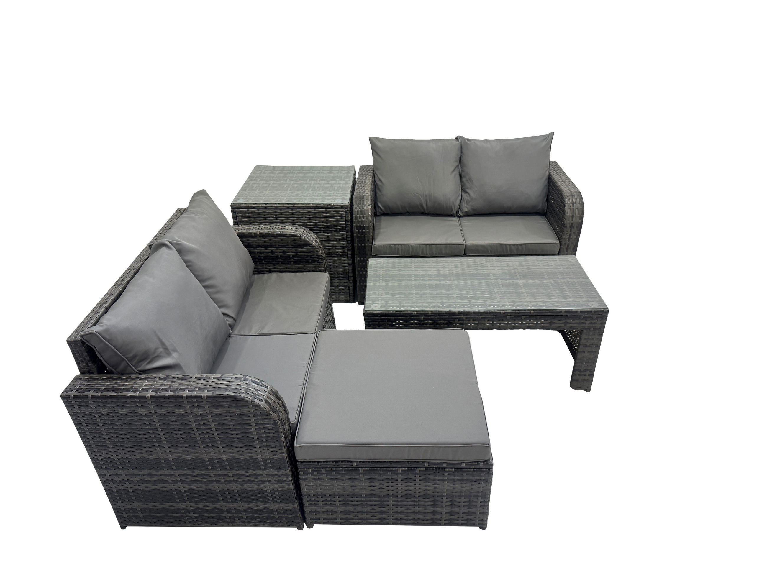 GARTENSOFA SET mit HOCKER COUCHTISCH Polyrattan 5-Sitzer - Dunkelgrau/Grau, Glas/Kunststoff - Fimous