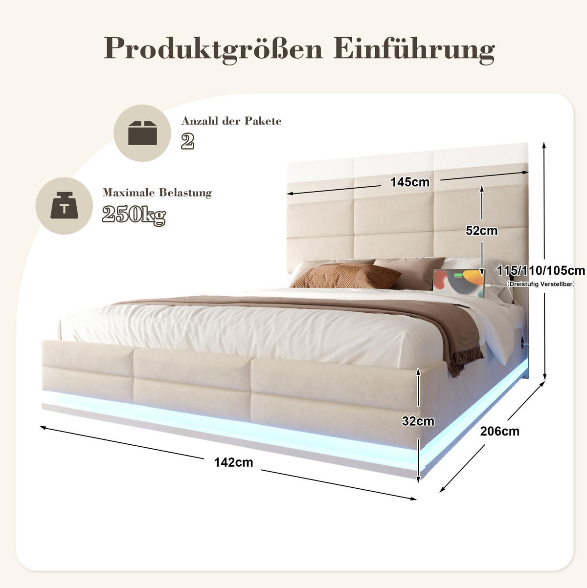 POLSTERBETT 140/200 cm Beige aus Samt mit LED-Beleuchtung und Stauraum - Beige, Textil (140/200cm) - Flora Grace