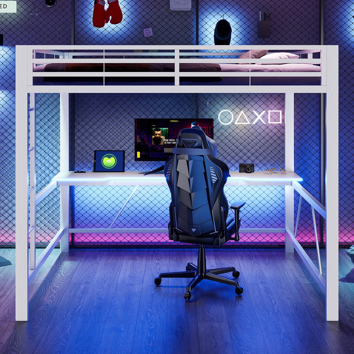 HOCHBETT 160/200 cm in Weiß mit Schreibtisch, LED und USB - Weiß, Holzwerkstoff/Metall (160/200cm) - WISHDOR