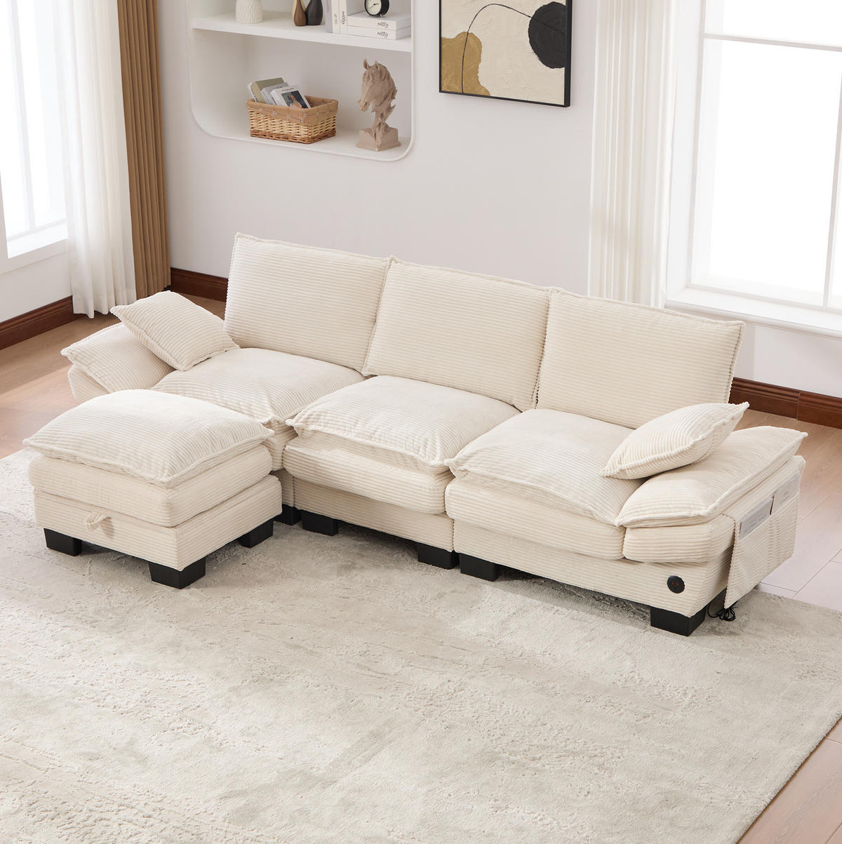 SOFA 3-Sitzer modular 260 x 132 x 84 cm Corduroy Beige mit Hocker - Beige, Kunststoff (132/260cm) - Meubliv