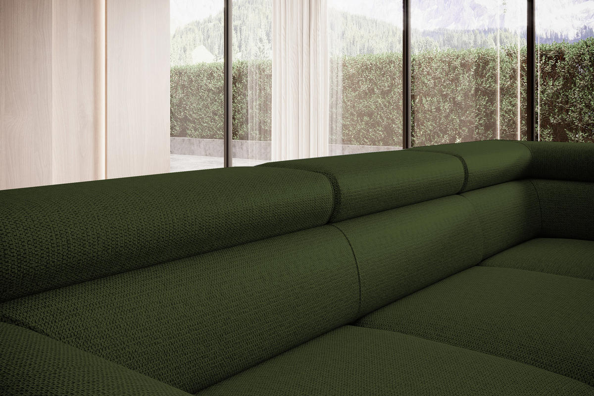ECKSOFA Raven L mit Schlaffunktion und Bettkasten, Freistehend, Polstersofa mit Verstellbaren Kopfstützen, 257x198x96 cm – Rechte, Dunkelgrün - Waldgrün, Holz/Textil (256/198cm) - DomoHome