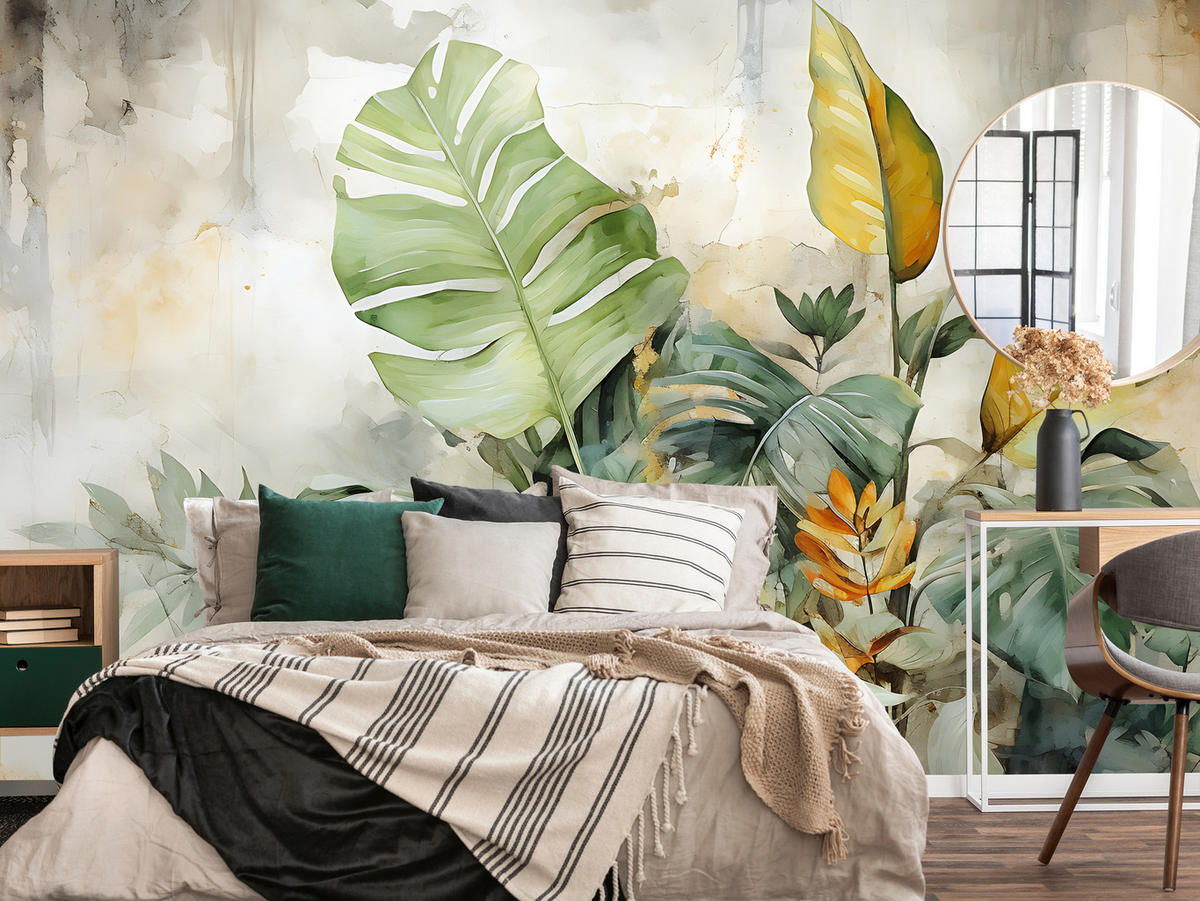 FOTOTAPETE für Wohnzimmer Tropische Blätter Aquarell Abstrakt 150x105 - Gelb/Beige, Papier (150/105cm) - Muralo