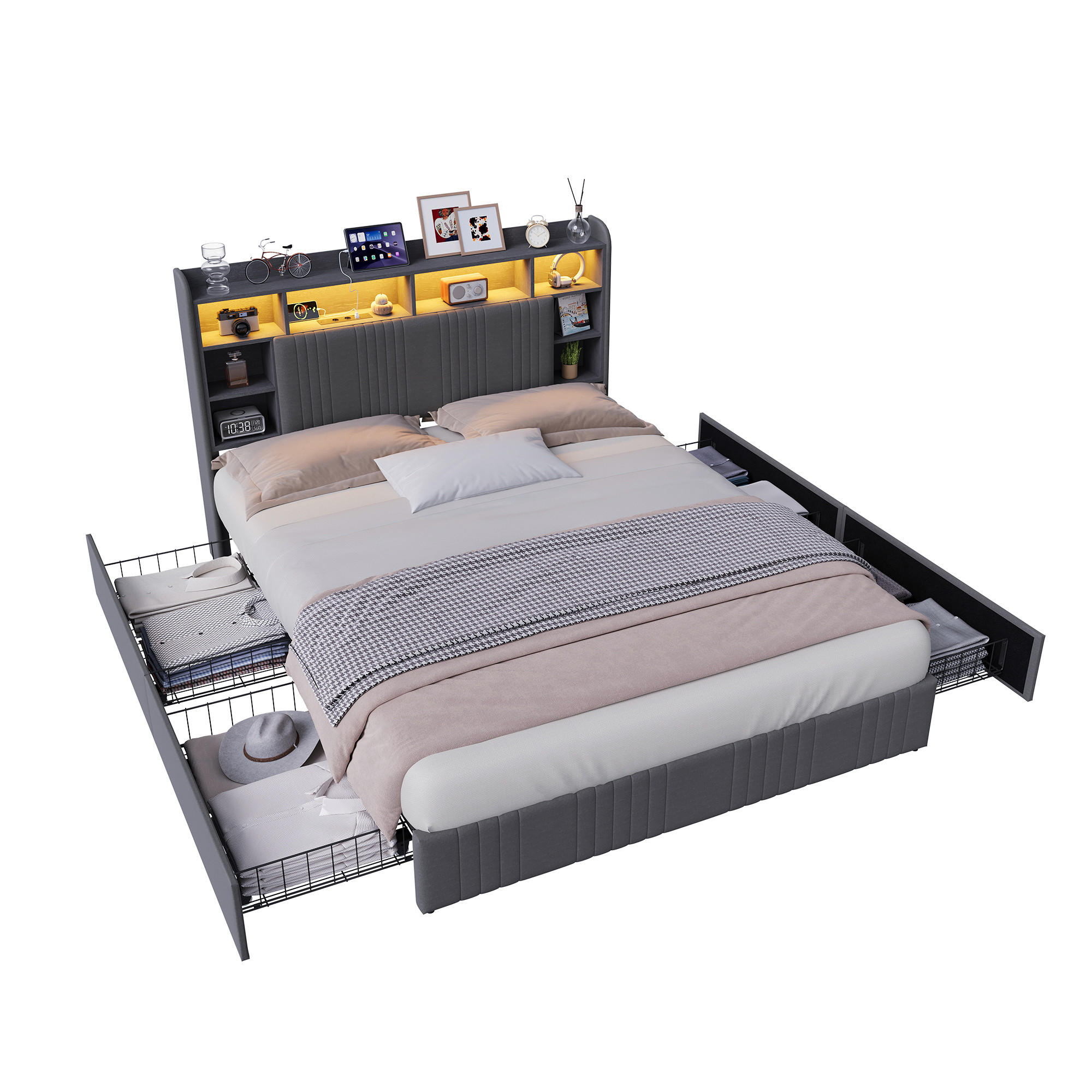 POLSTERBETT 140x200 GRAU Leinenstoff, 4 Schubladen, LED, USB/USB-C - Grau, Holz - SHOPENTRA