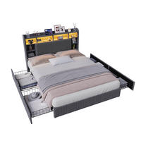 POLSTERBETT 140x200 GRAU Leinenstoff, 4 Schubladen, LED, USB/USB-C - Grau, Holz - SHOPENTRA