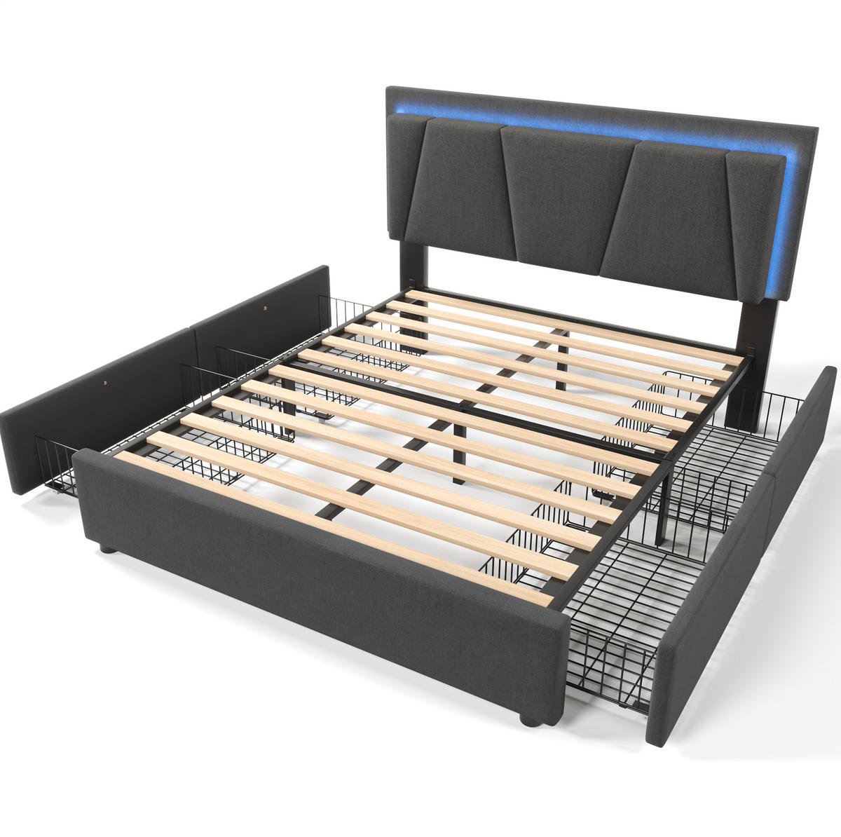 POLSTERBETT mit LED-Beleuchtung 140/200 cm mit 4 Schubladen & verstellbarem Kopfteil - Grau, Holz (140/200cm) - BEAOK