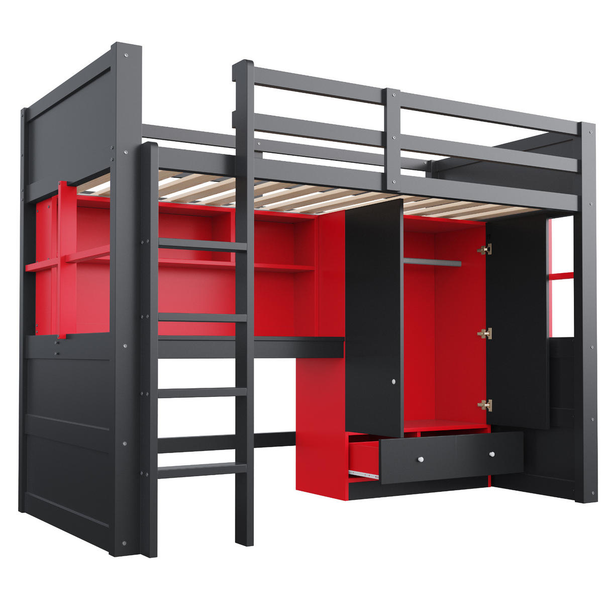 HOCHBETT 90/200 cm Schwarz-Rot mit LED, Lattenrost und Massivholz - Schwarz, Holz (90/200cm) - MIVRAY