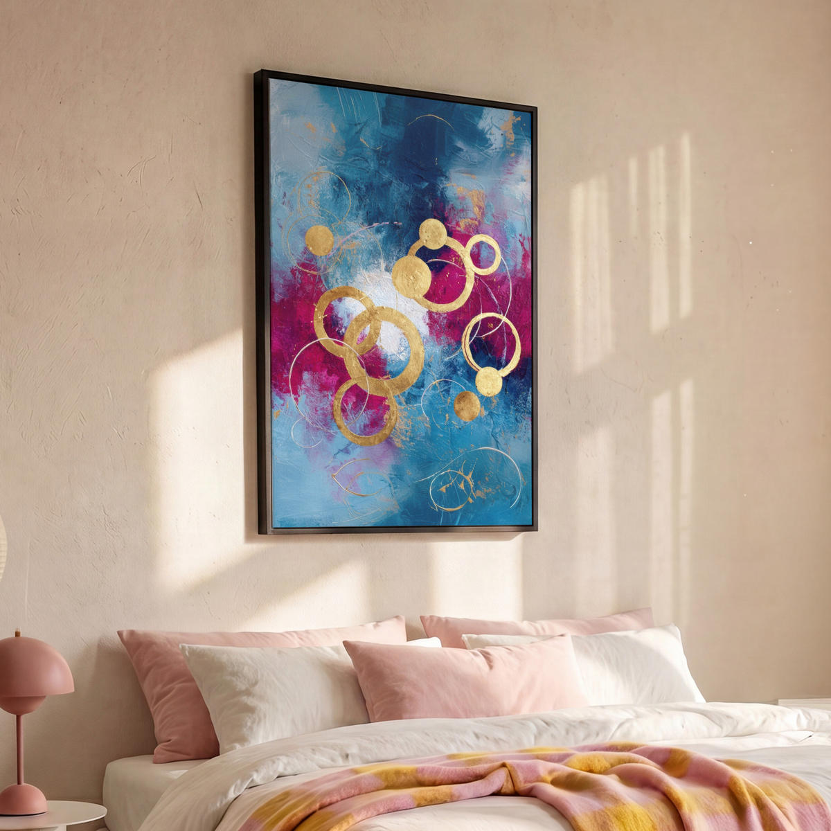 LEINWAND Bilder mit Rahmen - Kreise - Gold - Abstrakt - 80x120 - Blau, Textil (80/120cm) - MuchoWow