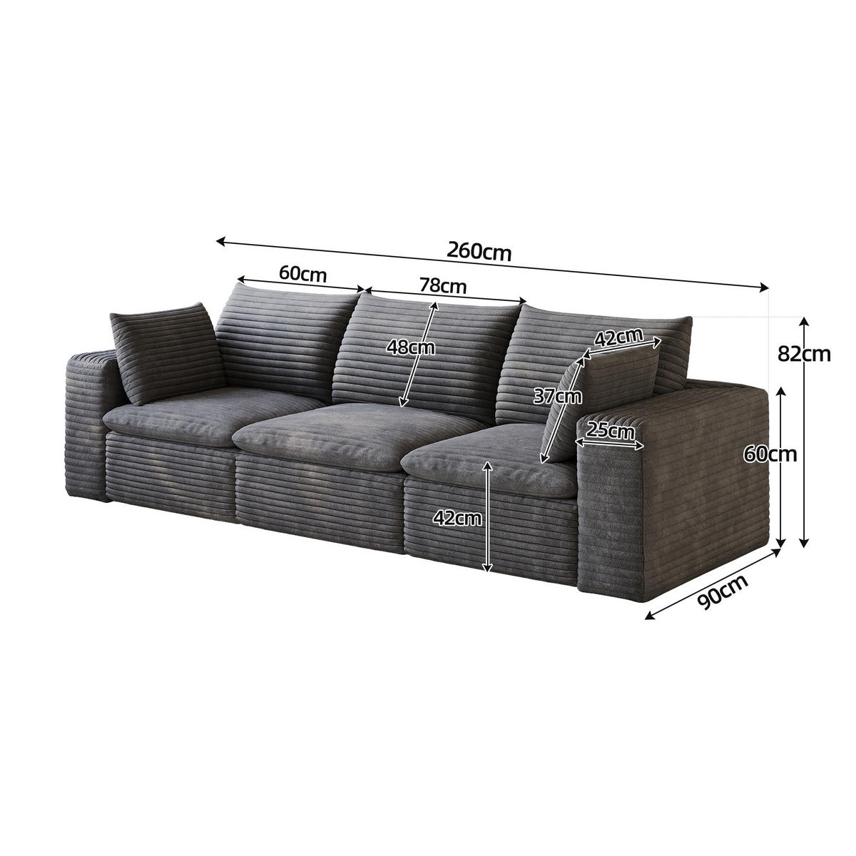 POHOVKA Tmavě šedá z manšestru, 260 cm, modulární - tmavě šedá, textil (260/60/90cm) - Urban Meuble