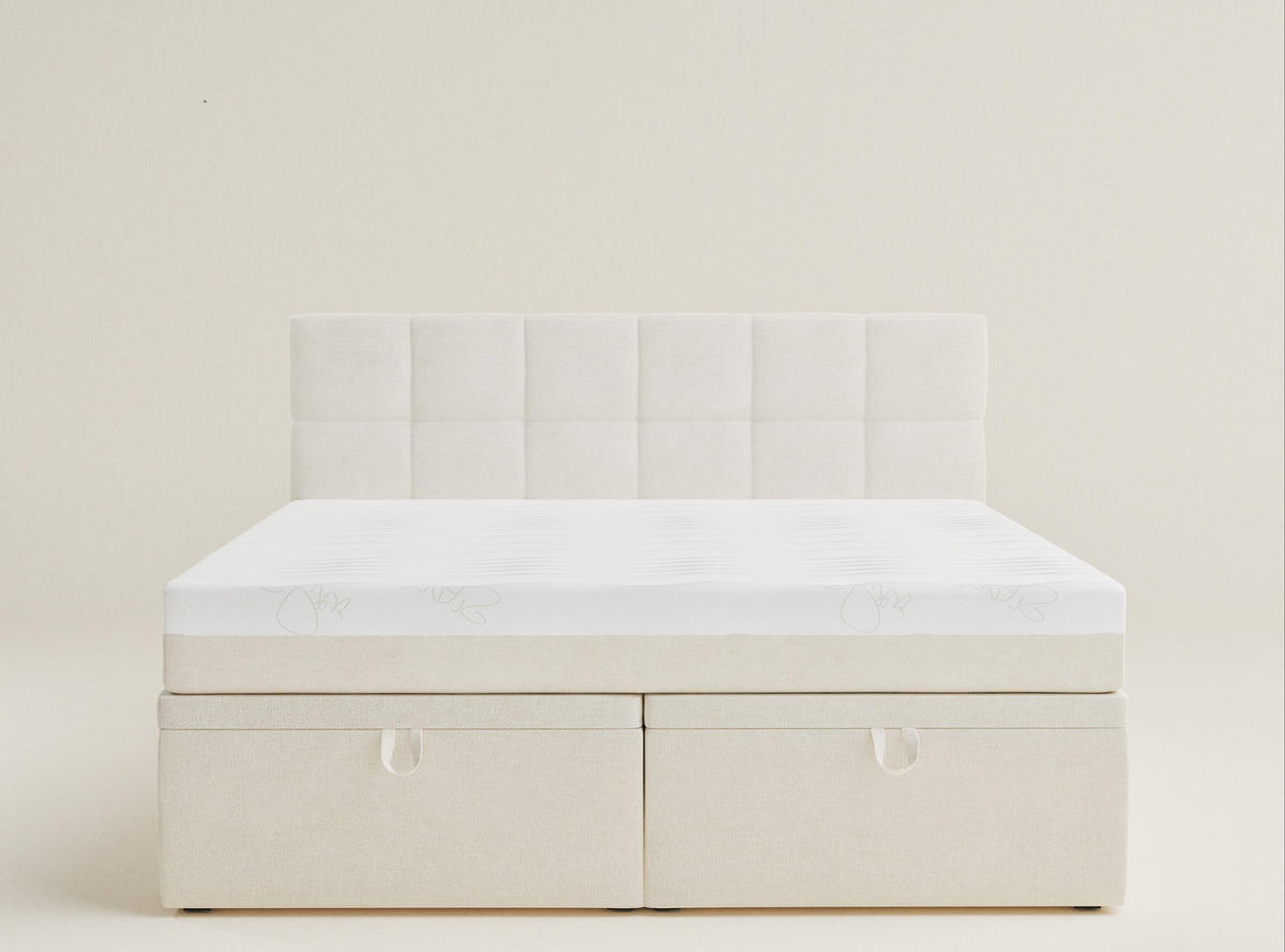 BOXBETT 160/200 cm Gotu S, in Creme, Matratze, gepolstertes Kopfteil, Bettkasten, H3 = fest - Creme/Schwarz, Holz/Holzwerkstoff (160/200cm) - Maison de Reve