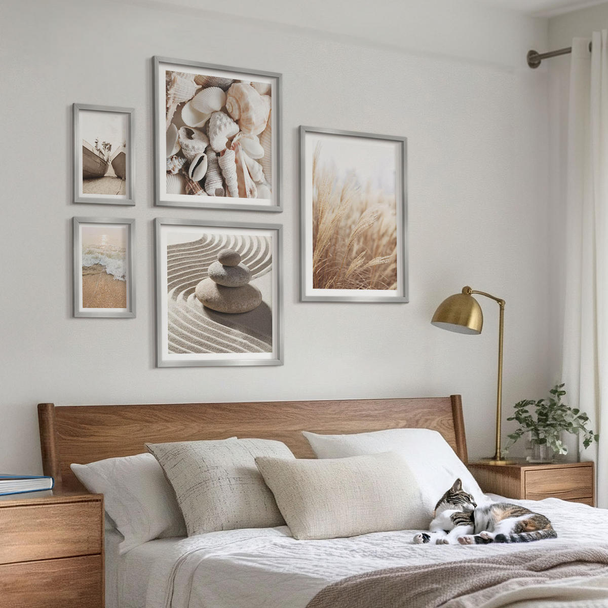 BILDER SET 5er Set - 50x50 cm & 20x30 cm & 40x60 cm Silberner Rahmen - Wolkenmeer, Traumfänger, Gras - Silberfarben, Kunststoff (40/60cm) - TULUP