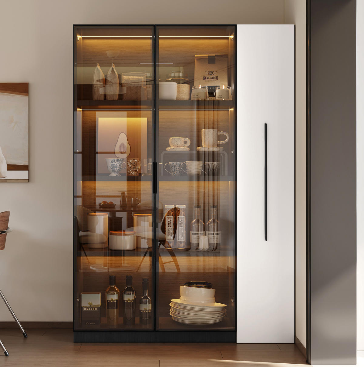 VITRINE 110,5/35/160 cm mit LED-Beleuchtung und seitlichem Auszug, 2-in-1 Stauraum, Schwarz/Weiß - Schwarz, Holzwerkstoff (110.5/160/35cm) - Redom