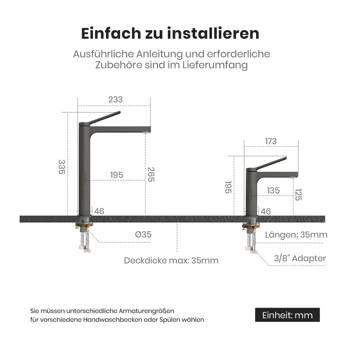 WASCHTISCHARMATUR mit Spulen-Zertifiziertem Filterelement Anthrazit Matt - Anthrazit, Metall (17.3/4.6/19.5cm) - EMKE