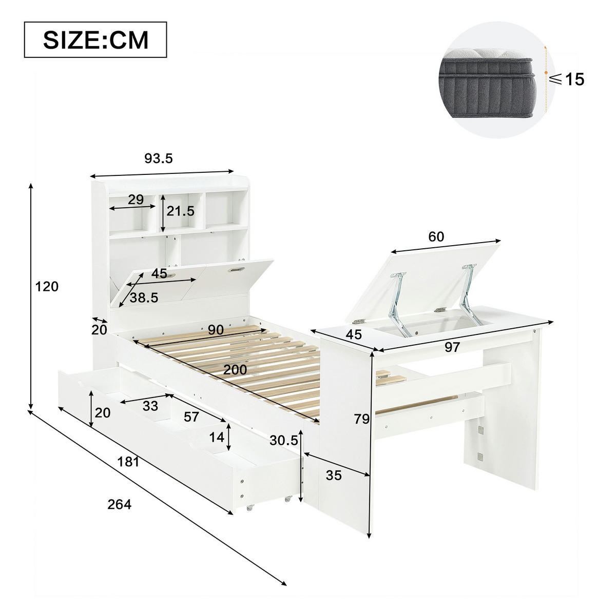 STAURAUMBETT 90/200 cm Weiß mit Klapptisch ohne Matratze - Weiß, Holz (90/200cm) - MIVRAY