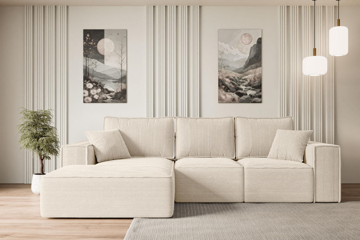 ECKSOFA mit Schlaffunktion und Bettkasten SERRA-L-S - 266x161x87 cm Beige Cord - Beige/Schwarz, Holzwerkstoff/Kunststoff (266/161cm) - ALTDECOR