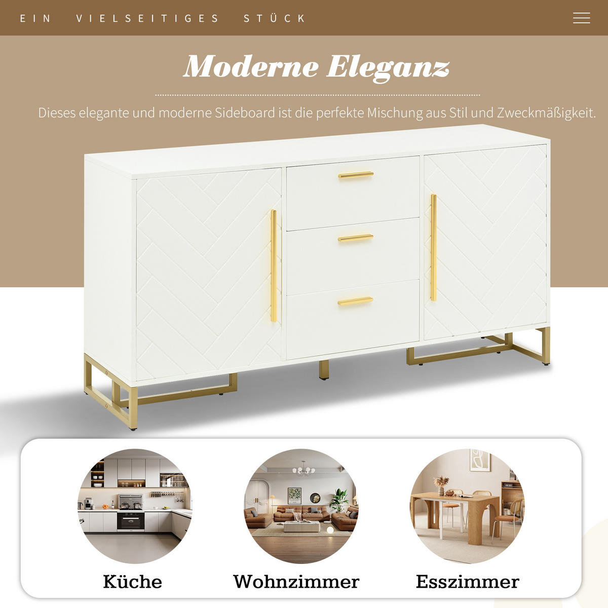 SIDEBOARD in Weiß Anrichte mit 2 Türen und 3 Schubladen für Esszimmer, Wohnzimmer und Küche, B145/T40/H75 cm - Goldfarben/Weiß, Holzwerkstoff/Metall (145/75/40cm) - STILVORA