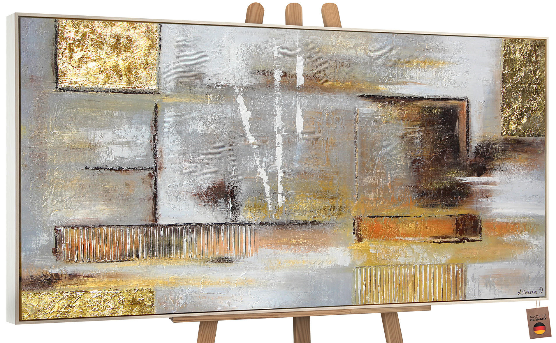 GEMÄLDE Goldene Abstraktion Schattenfugenrahmen beige 160x80 cm - Beige, Holz (160/80cm) - YS-art gallery