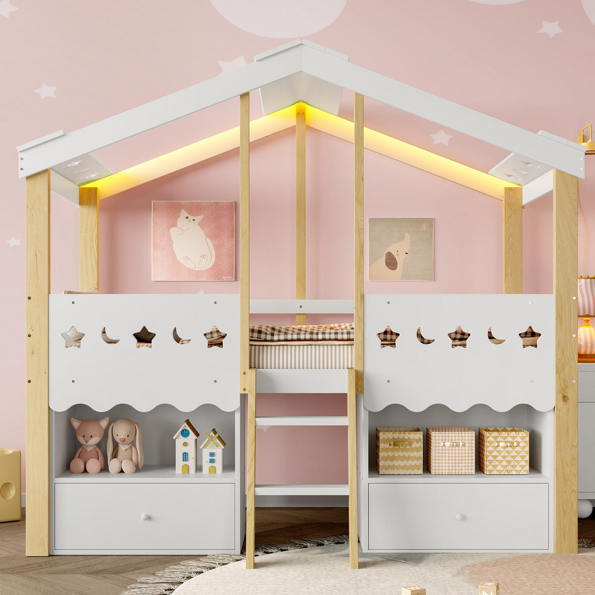 KINDEREINZELBETTEN aus Kiefernholz 90x200 cm in Weiß/Natur mit LED & 2 Schubladen - Weiß, Holz (90/200cm) - Modfu