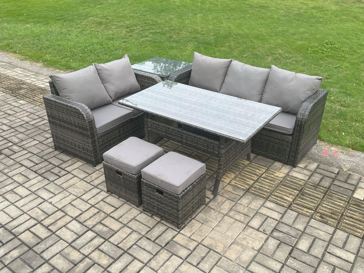 Gartenmöbelset mit Esstisch,Zweisitzer,Hocker,Beistelltisch Polyrattan Dunkelgrau 7-Sitzer - Dunkelgrau/Grau, Glas/Kunststoff - Fimous