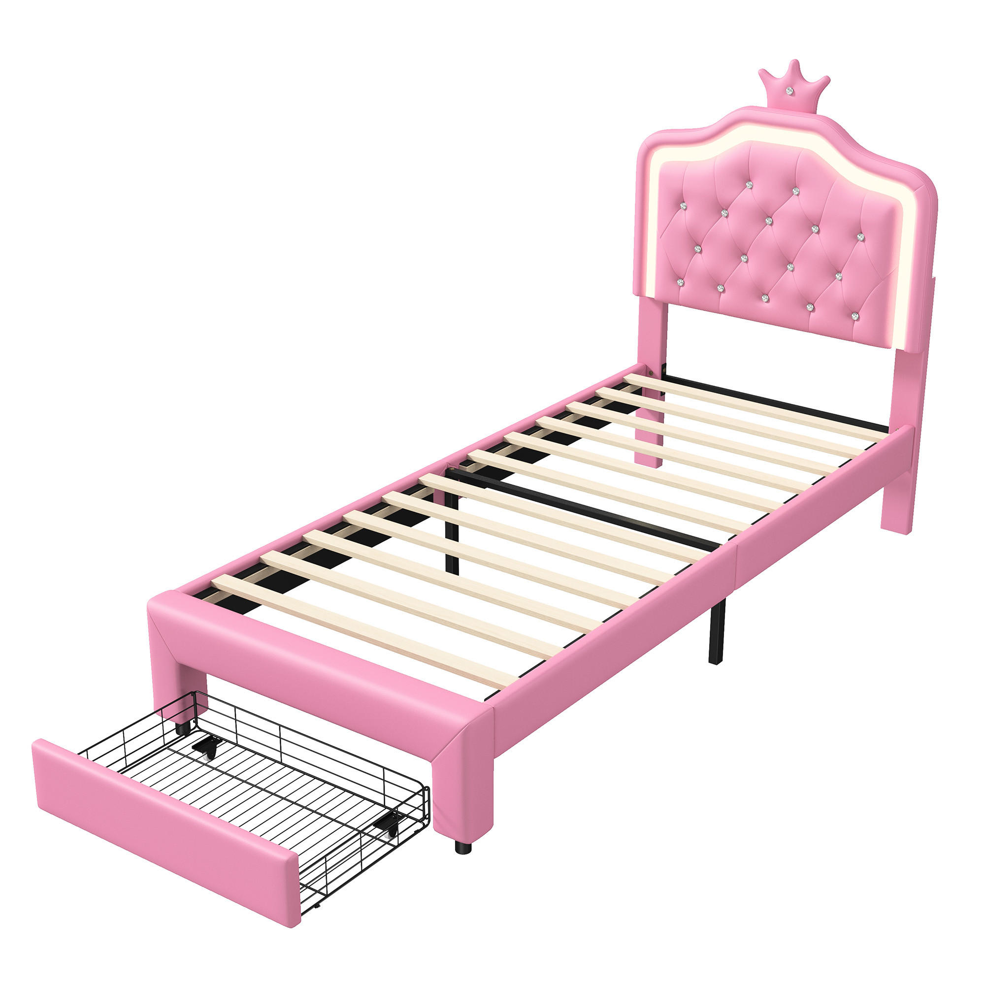 POLSTERBETT 90x200 cm, Rosa, mit LED-Leuchten & Schubladen - Rosa, Textil/Metall (90/200cm)