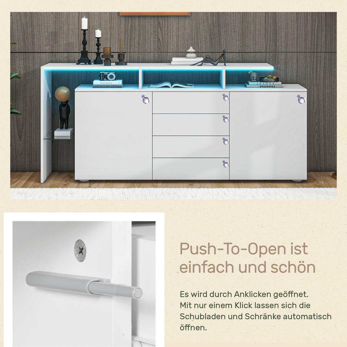 SIDEBOARD Weiß, mit LED-Beleuchtung, 2 Türen, Schubladen und offenen Fächern, 160/35/70 cm - Weiß, Holzwerkstoff (160/70/35cm) - WISHDOR