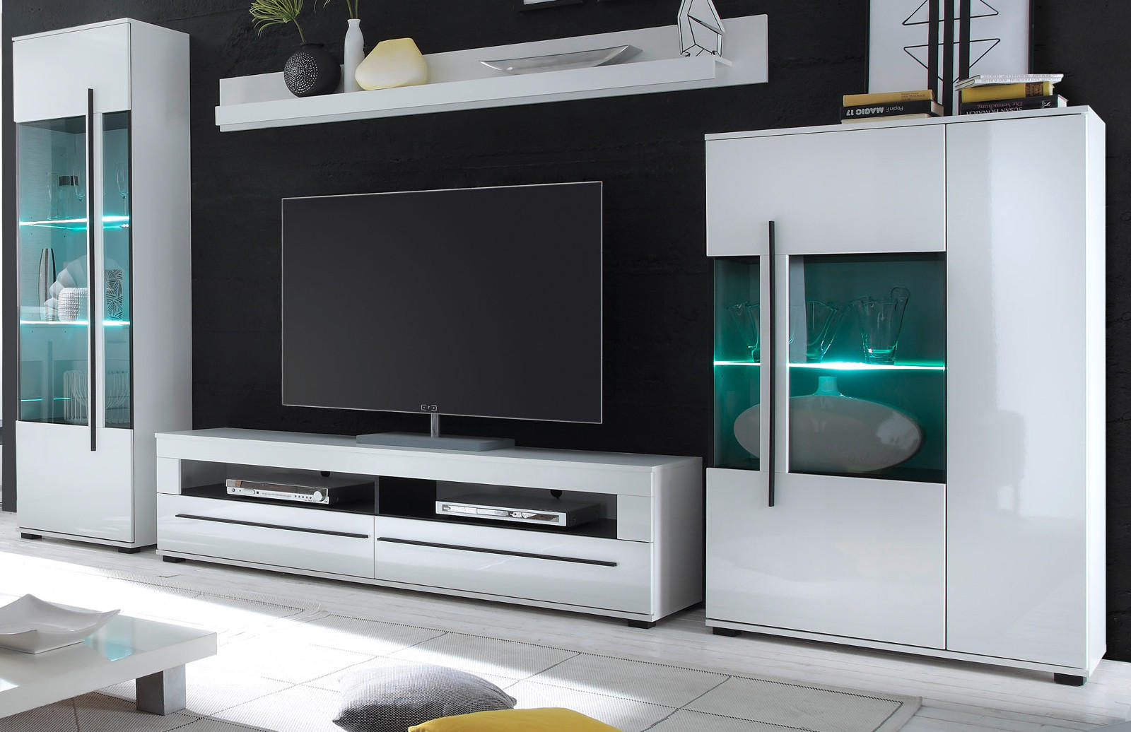 WOHNWAND Hochglanz weiß 4-teilig 350 cm, Schrankwand mit Soft-Close - Weiß Hochglanz/Schwarz, Glas/Holzwerkstoff (350/200/42cm) - Furn.Design