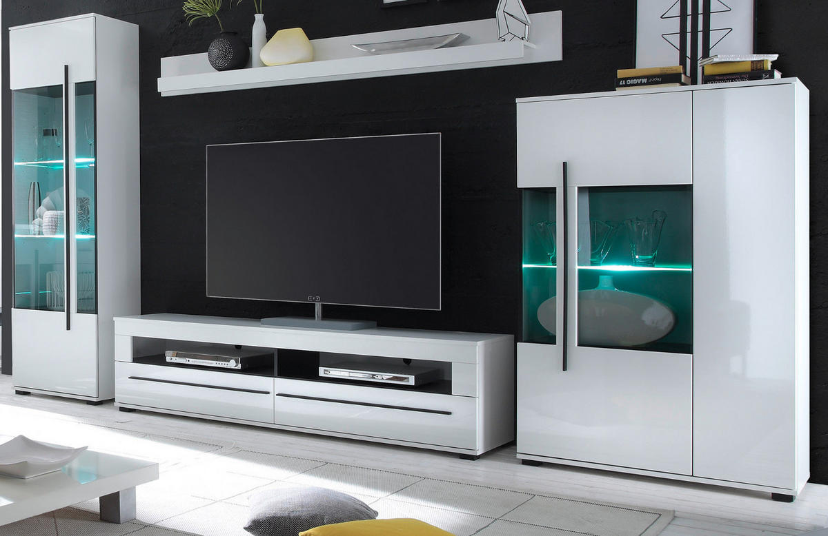 WOHNWAND Hochglanz weiß 4-teilig 350 cm, Schrankwand mit Soft-Close - Weiß Hochglanz/Schwarz, Glas/Holzwerkstoff (350/200/42cm) - Furn.Design