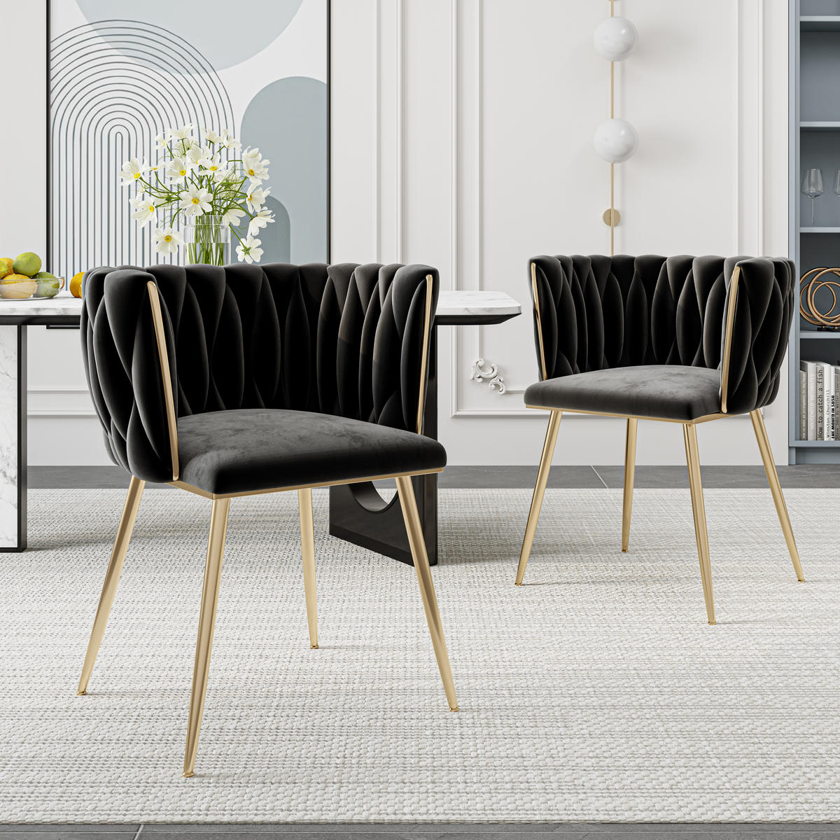 ESSZIMMERSTÜHLE 2er Set Samtbezug mit Metallrahmen, Schwarz - Goldfarben/Schwarz, Textil/Metall (55.5/74/50cm) - LVHOM