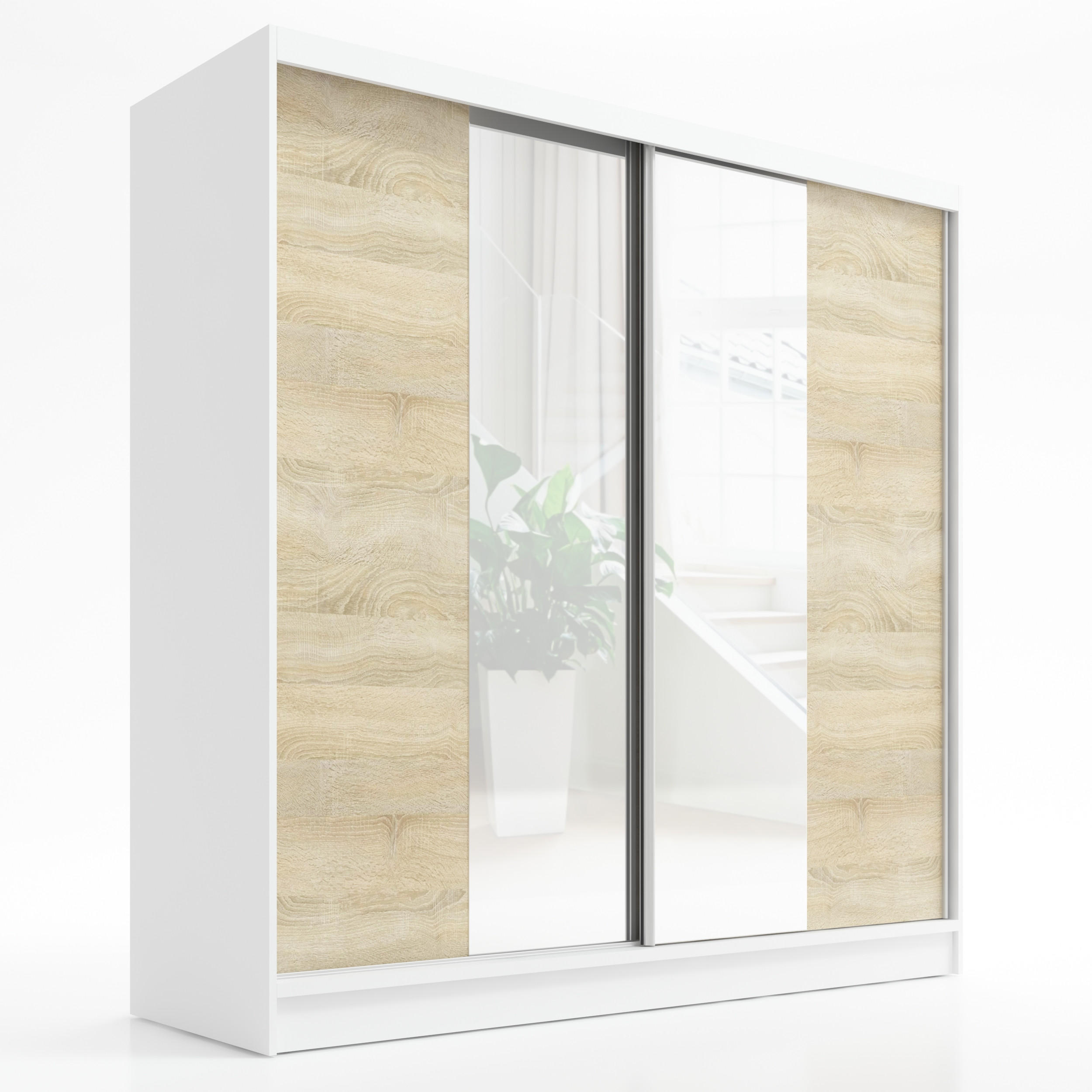 SCHWEBETÜRENSCHRANK 200 CM DUO Farbe: Weiß | sonoma - Weiß/Braun, Holzwerkstoff (200/215/60cm) - A&J MöbelLand