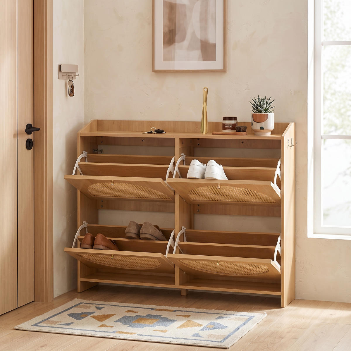 SCHUHSCHRANK Schmal mit 4 Kipptüren, 8 Fächern & Streifendesign 120cm - Naturfarben, Holzwerkstoff (120/90/24cm) - Urban Meuble