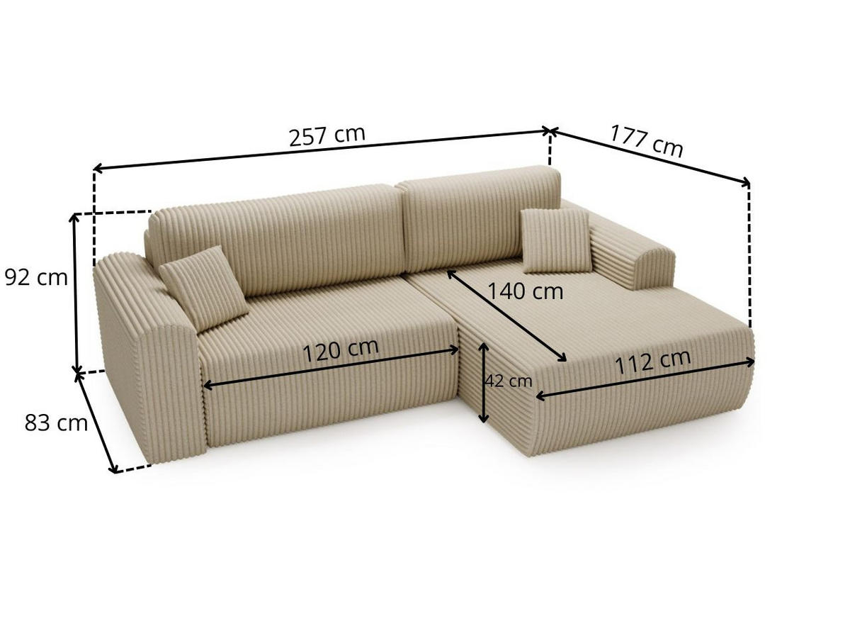 ECKSOFA Belvio Creme Rechts - Creme/Schwarz, Holz/Textil (257/177cm) - Graingold