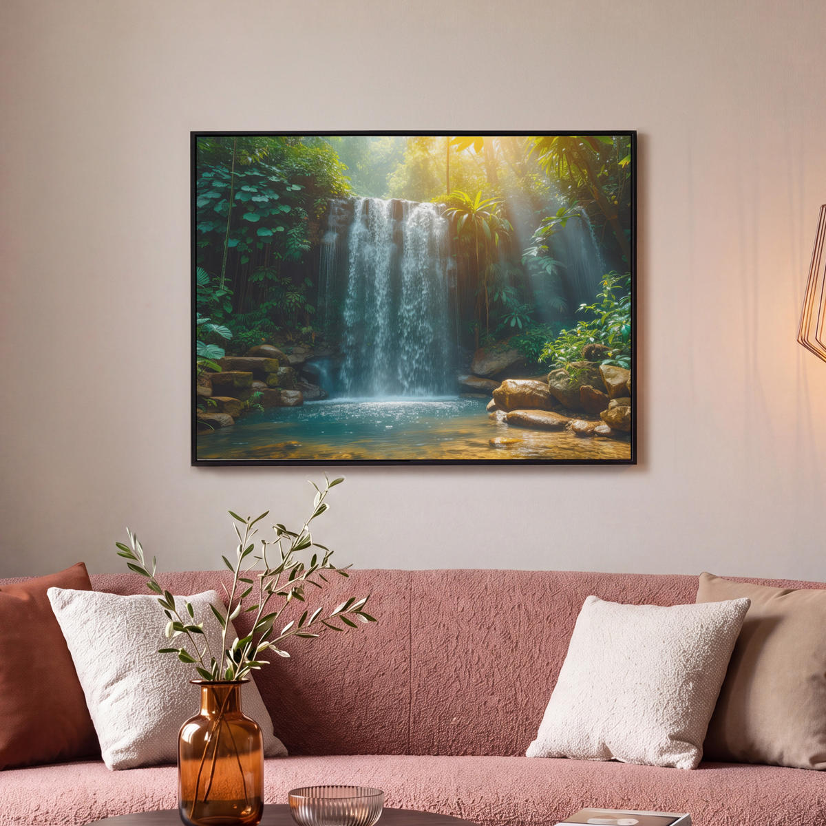 LEINWAND Bilder mit Rahmen - Wasserfall - Dschungel - Sonne - Grün - Natur - 80x60 - Grün, Textil (80/60cm) - MuchoWow