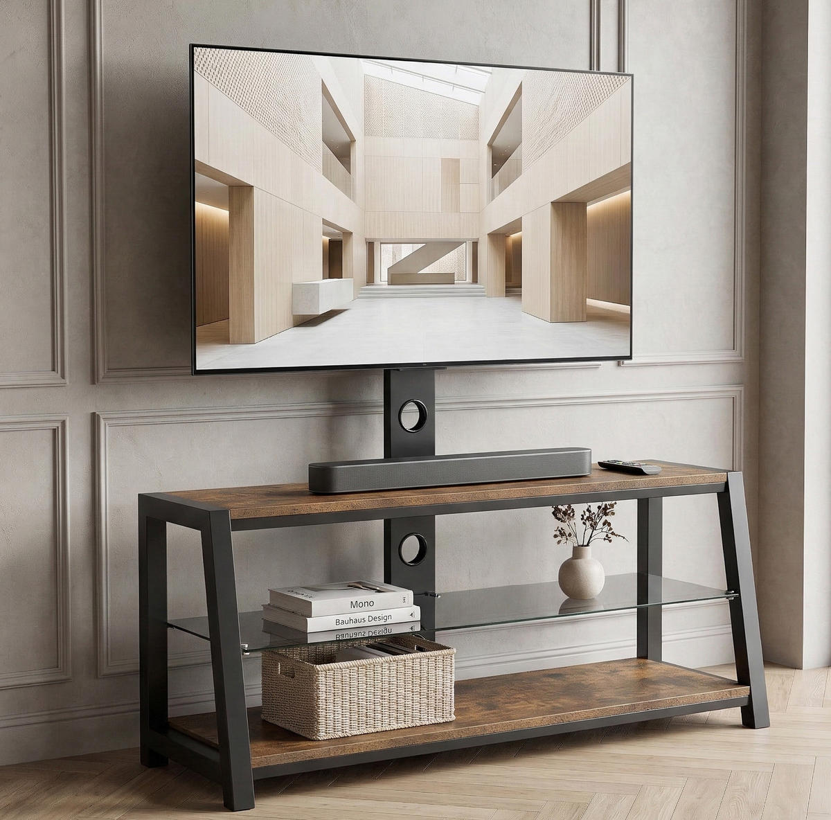 TV ormarić 116/42/125 cm smeđi od MDF-a i metala s podesivim TV nosačem i 3 police - smeđa, drvni materijal (116/125/42cm) - OKWISH