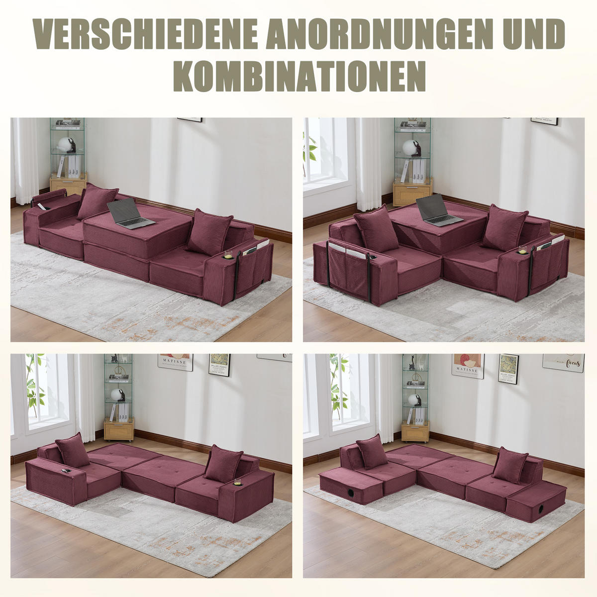 SCHLAFSOFA 162/78/66 cm Weinrot Cord mit seitlichem Stauraum und Getränkehaltern - Weinrot, Textil (162/66/78cm) - Oxeza
