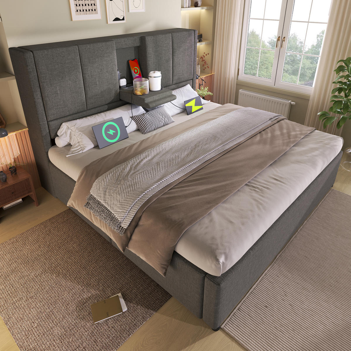 POLSTERBETT 140/200 cm mit verstecktem Becherhalter, USB-Ladestation und hydraulischem Stauraum, Grau - Grau, Textil (140/200cm) - Redom