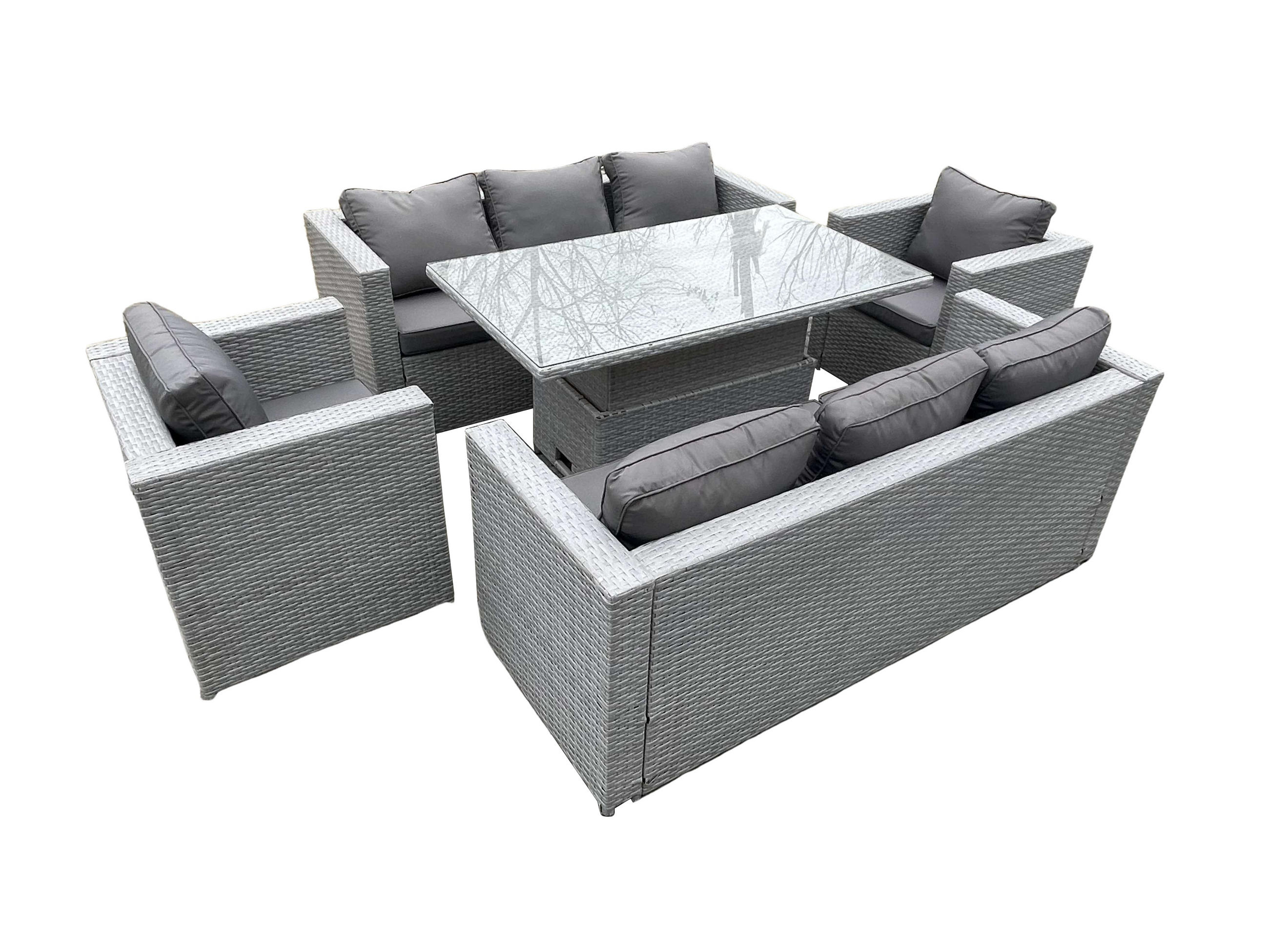 GARTENSOFA SET mit höhenverstellbarer Tisch Polyrattan Helles Grau 8-Sitzer - Hellgrau, Metall - Fimous