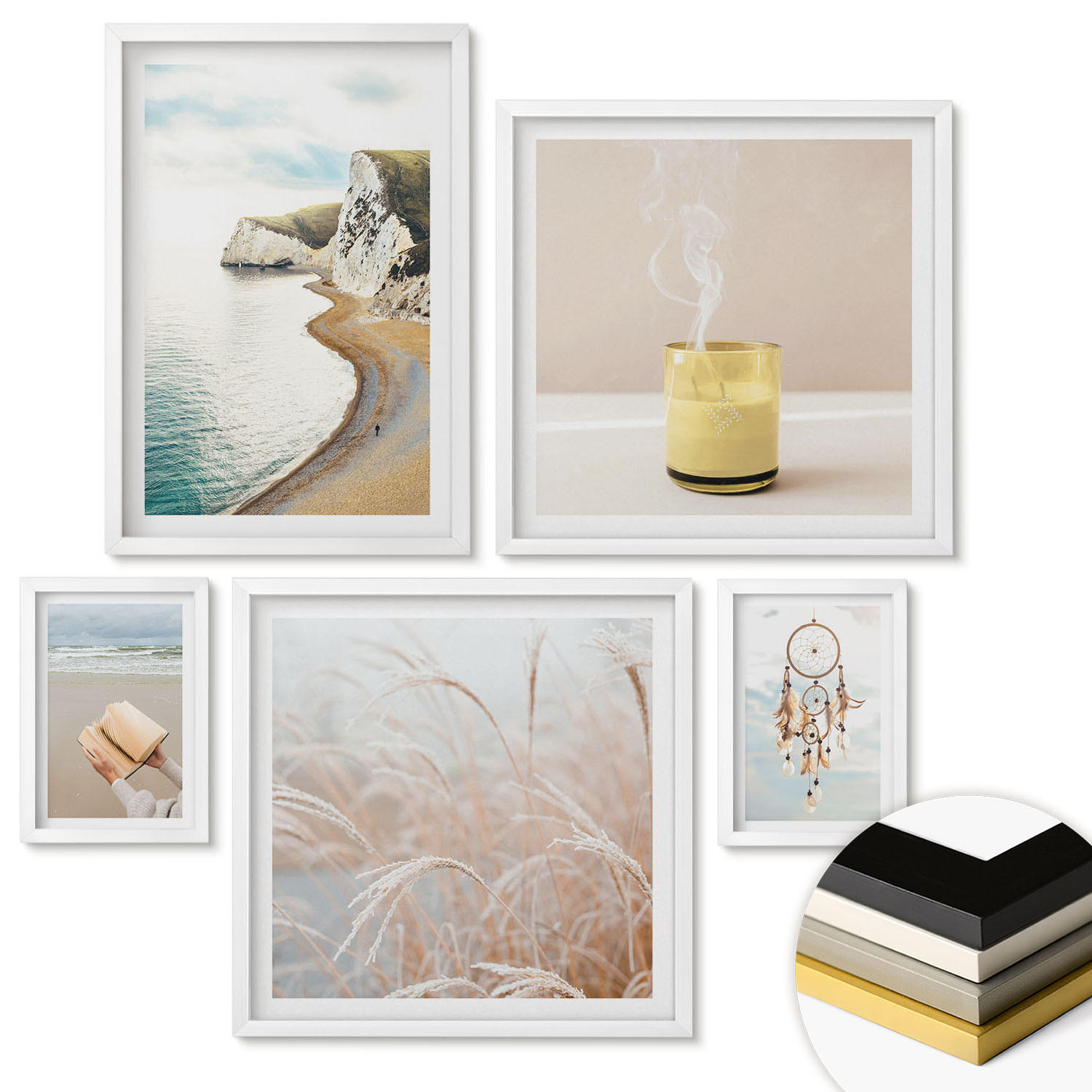 WANDBILDER 5er-Set - 50x50 cm & 20x30 cm & 40x60 cm Weißer Rahmen - Charmante italienische Straßen und Blumen - Weiß, Kunststoff (40/60cm) - ArtPrintCave