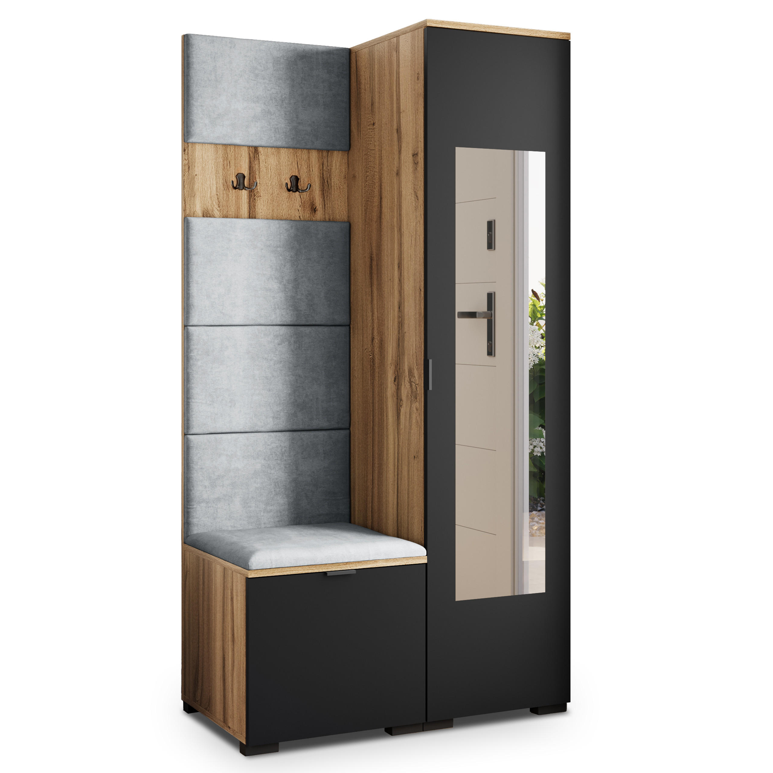 Masseno Garderobenschrank Eiche Wotan, Schwarz, Hellgrau 95x181x51 cm