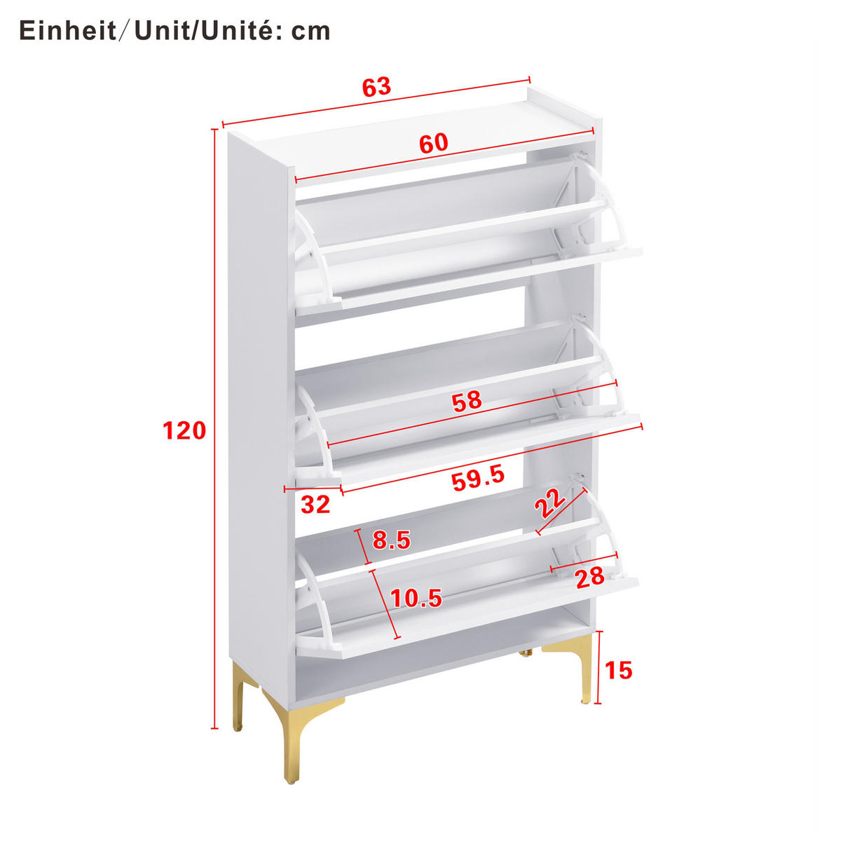 SCHUHSCHRANK aus MDF 63x24x120cm in Weiß mit goldfarbenen Metallbeinen - Weiß, Holzwerkstoff (63/120/24cm) - Modfu