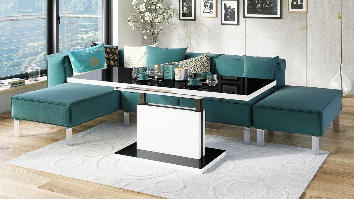 COUCHTISCH rechteckig Schwarz Hochglanz Weiß matt ausziehbar höhenverstellbar - Schwarz Hochglanz/Weiß, Holzwerkstoff (80/120/56cm) - designimpex